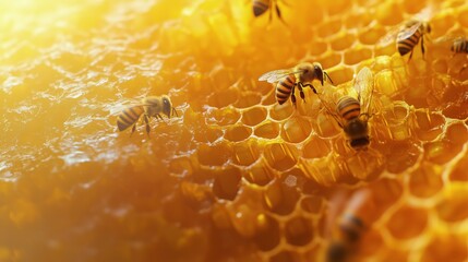 Honey bees collecting nectar on honeycomb in a sunlit hive garden