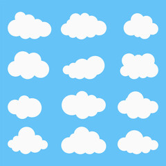 Clouds, set of white clouds isolated on blue background. Vector, cartoon illustration. Vector.