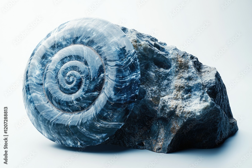 Poster a mesmerizing ammonite fossil embedded in a dark, textured rock, showcasing swirling patterns and de