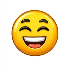 Fototapeta premium Cheerful yellow smiley face emoji conveying happiness and positivity, featuring bright eyes and a wide smile, ideal for expressing joy in digital communication.