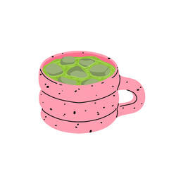 Japan matcha cocktails. Icon of matcha drinks with latte , frappuccino, mojito, lemonade and coffee tonic. Green iced matcha latte in various cups. Flat cartoon vector illustration