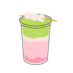 Japan matcha cocktails. Icon of matcha drinks with latte , frappuccino, mojito, lemonade and coffee tonic. Green iced matcha latte in various cups. Flat cartoon vector illustration
