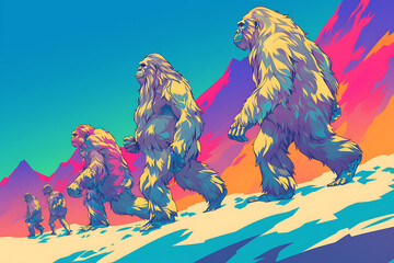 Colorful illustration of yetis walking in a snowy landscape with vibrant mountains in the background