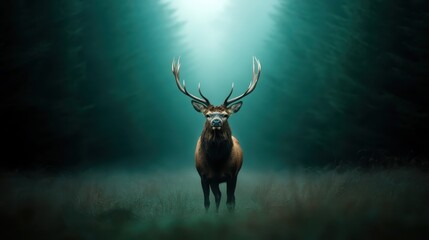 A majestic deer stands gracefully in a misty forest, symbolizing tranquility and the beauty of nature amidst the serene backdrop of tall trees.