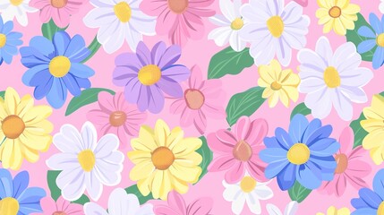 A charming spring background adorned with an array of spring flowers and delicate daisies. The vibrant colors and sweet scents of these blossoms create a refreshing and inviting atmosphere