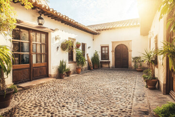 Traditional Spanish villa courtyard with stone paving and wooden doors