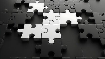 White puzzle pieces joining black ones; teamwork concept; problem-solving background; business solutions