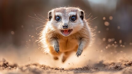 Fototapeta premium A stunning portrayal of a meerkat charging forward, showing determination and energy as it emerges from its arid environment, embodying the essence of wildlife and resilience.