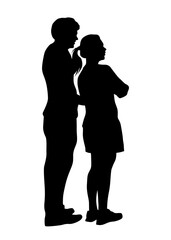 Young man and woman walking at street. Isolated silhouette on a white background