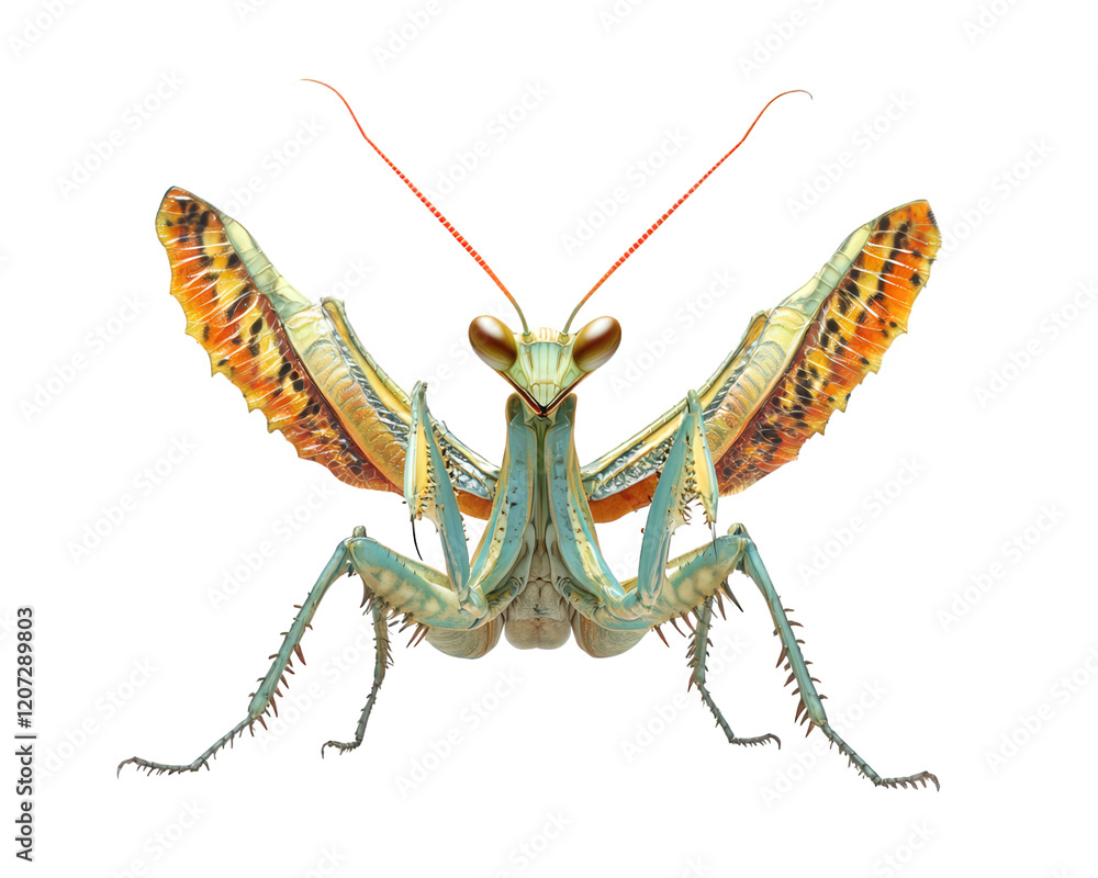 Poster detailed illustration of praying mantis with vibrant colors and intricate patterns, showcasing its u