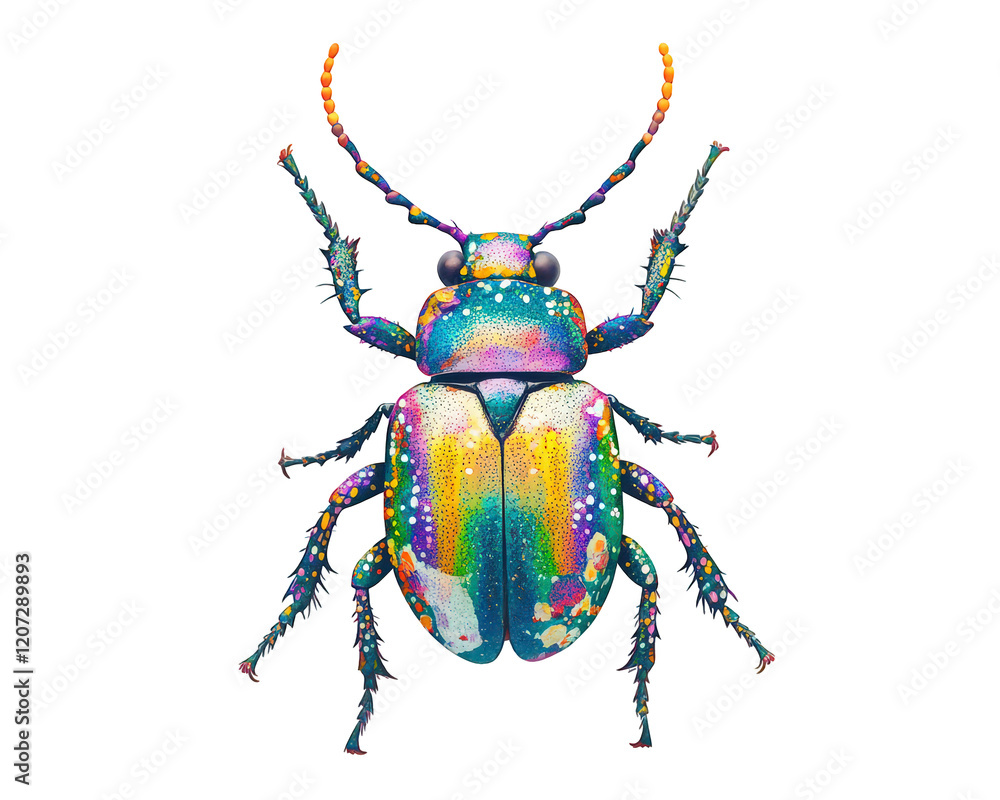 Poster colorful beetle with vibrant patterns and textures, showcasing mix of hues and intricate details, is