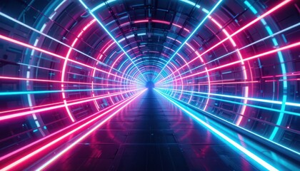 Obraz premium Neon tunnel, futuristic, glowing lines, bright, empty corridor, perspective
