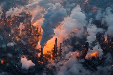 Obraz premium Industrial complex illuminated by flames and smoke during twilight hours in a bustling city