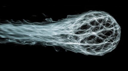 Abstract design of a glowing sphere surrounded by flowing light trails in motion