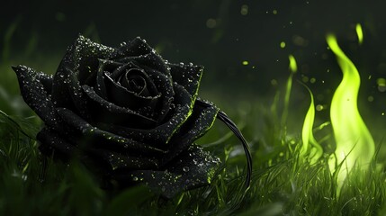 Dew-kissed black rose, glowing grass, fantasy scene, gothic design