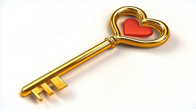 Golden heart shaped key isolated on white background with clipping path - Powered by Adobe
