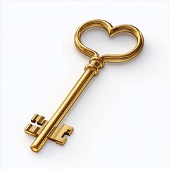 Golden heart shaped key isolated on white background with clipping path
