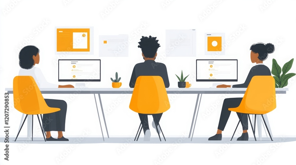 Poster employees engaged in teamwork using a platform for collaboration in a modern office setting