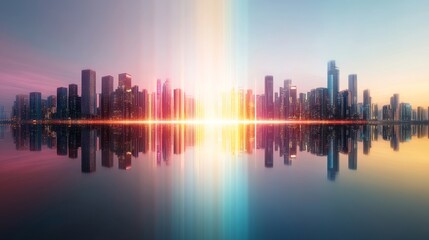 Fototapeta premium Modern City Skyline at Sunset with Colorful Reflections on Calm Water Surface in Urban Environment, Showcasing Architectural Beauty and Tranquil Atmosphere