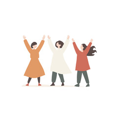 Obraz premium Three women standing together with raised arms in unity and stre