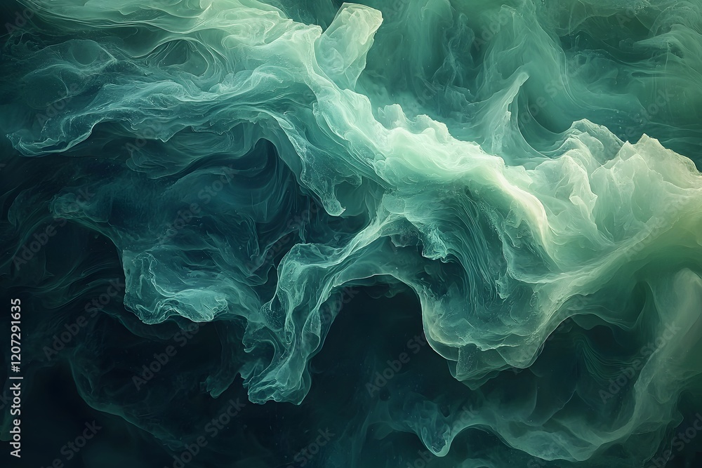 Poster flowing patterns of soft green hues in swirling textures and shapes. generative ai