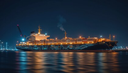 Night Cargo Ship Docked Harbor City Lights