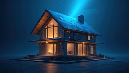 Modern house at night with illuminated interior and spotlight