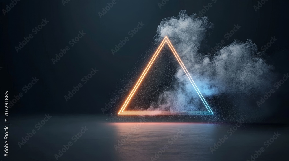 Poster abstract neon triangle glowing in dark space surrounded by mist or fog, creating a mysterious and fu