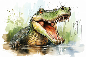 Obraz premium Crocodile Portraite of Happy surprised funny Animal head peeking watercolor for T shirt Printing