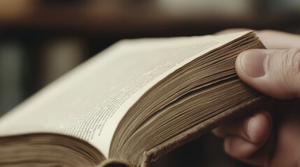Close-up of hands holding an open antique book, showing aged pages and text.