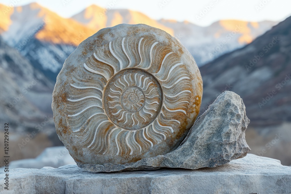 Poster a fossilized ammonite rests on rocks against a backdrop of sunlit mountains, showcasing intricate sp