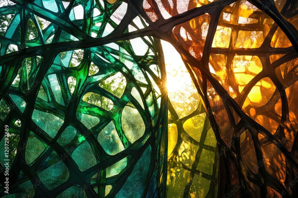 Poster abstract art installation with green and amber glass panels, sunlight filtering through intricate pa
