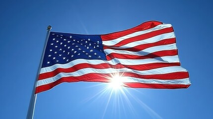 Fototapeta premium American Flag Waving in Sunlight: A Symbol of Freedom and Patriotism