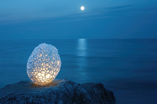 Luminous orb rests on a rock overlooking a tranquil, moonlit sea.