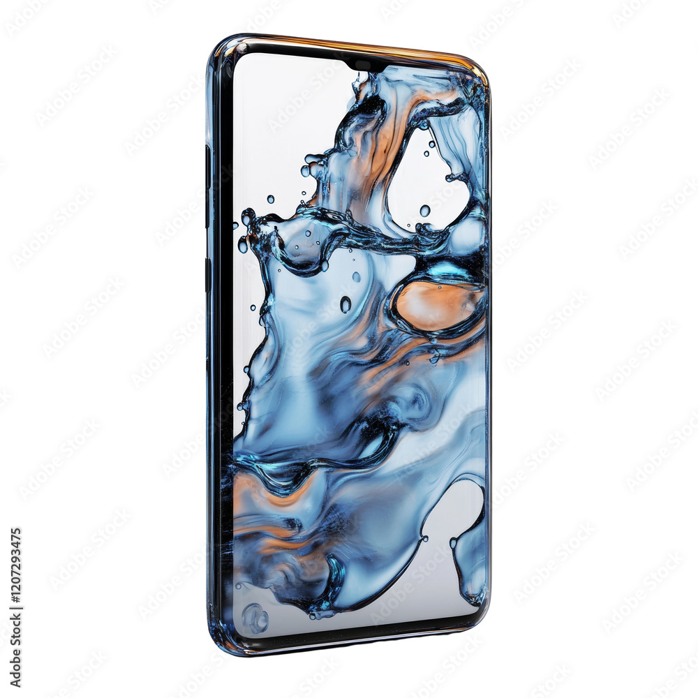 Poster a 3d rendering shows a smartphone screen filled with an abstract swirling blue and orange water desi