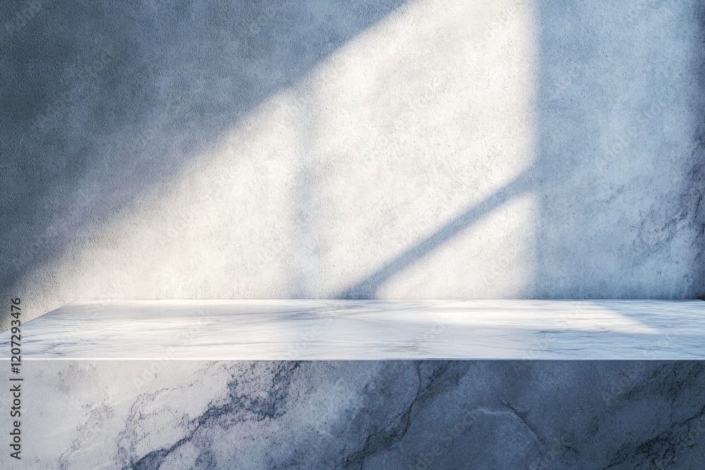 Poster marble platform against a textured wall, bathed in sunlight, creating a minimalist and elegant displ