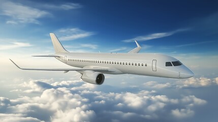 Obraz premium Flying airplane above fluffy clouds in bright blue sky during daytime