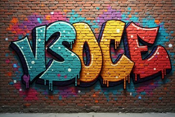 Vivid Multicolored Graffiti Patterns on Brick Wall Texture, Highlighting Bold Urban Artistic...