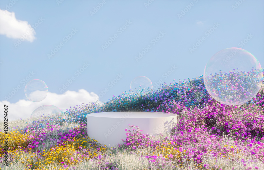Aufkleber Abstract spring flowers landscape scene with white podium and soap bubbles. 3d rendering.