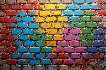 Fototapeta premium Vivid Multicolored Graffiti Patterns on Brick Wall Texture, Highlighting Bold Urban Artistic Expression