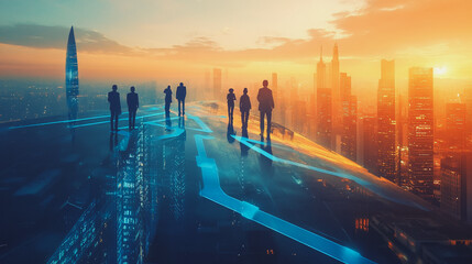 abstract professional business team people connection of line from nail node to node on cityscap and skyline background , networking concept