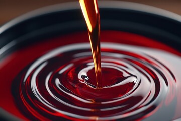 Vivid crimson liquid swirls in dark bowl creating mesmerizing patterns during preparation process