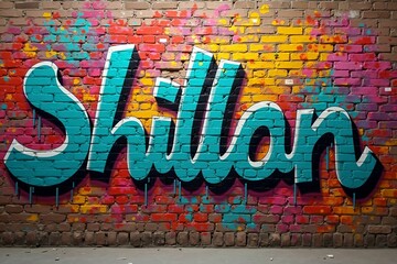 Vivid Multicolored Graffiti Patterns on Brick Wall Texture, Highlighting Bold Urban Artistic...