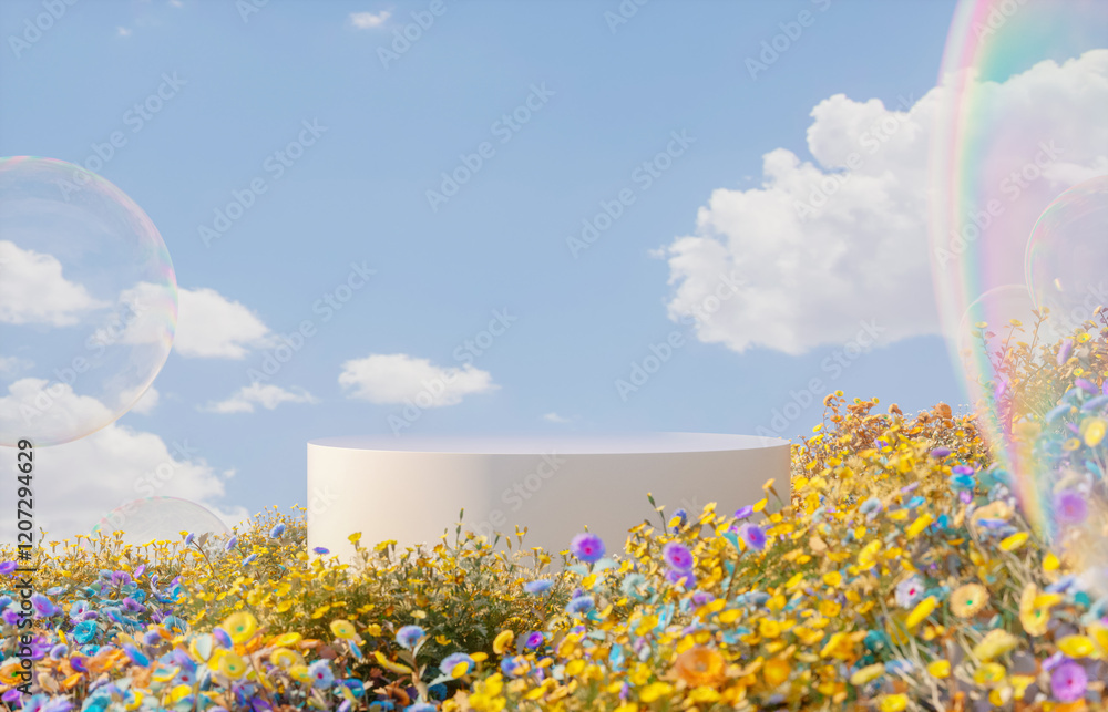 Aufkleber abstract spring flowers landscape scene with white podium and soap bubbles. 3d rendering.