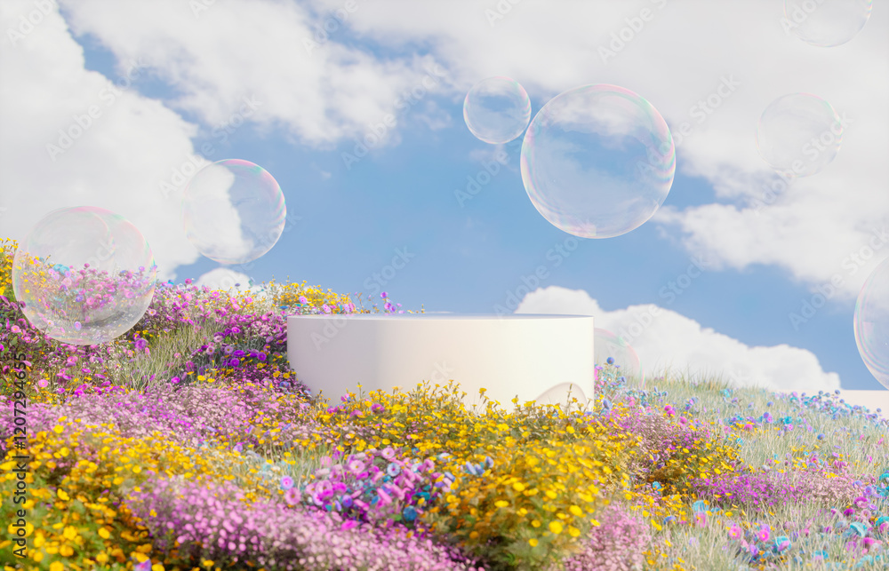 Aufkleber abstract spring flowers landscape scene with white podium and soap bubbles. 3d rendering.