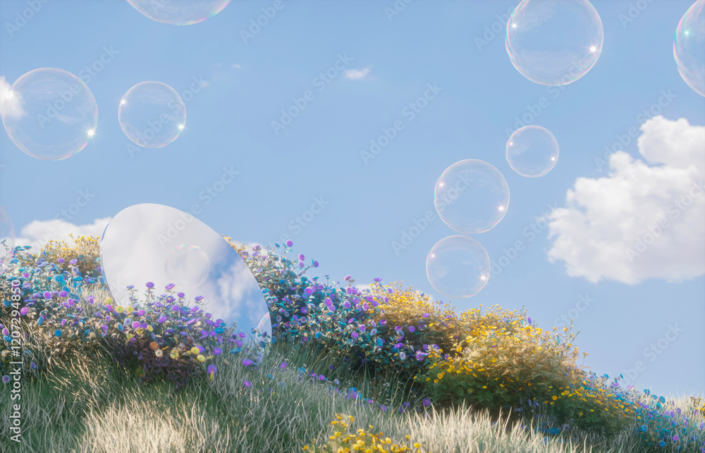 Aufkleber abstract spring flowers landscape scene with mirror reflection and soap bubbles. 3d rendering.