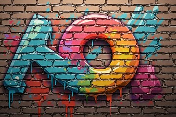 Vivid Multicolored Graffiti Patterns on Brick Wall Texture, Highlighting Bold Urban Artistic...