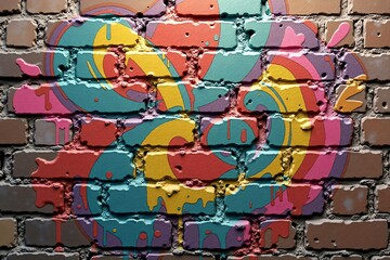 Fototapeta premium Vivid Multicolored Graffiti Patterns on Brick Wall Texture, Highlighting Bold Urban Artistic Expression