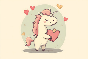 Obraz premium Cute cartoon unicorn holding a heart surrounded by colorful hearts, conveying love and joy