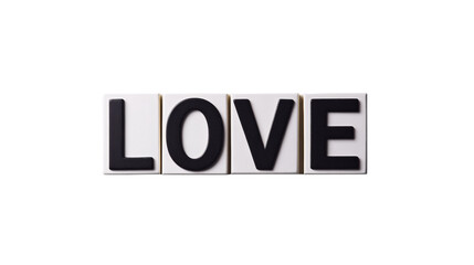 The image shows four white blocks with black lettering spelling out the word love against a black background.